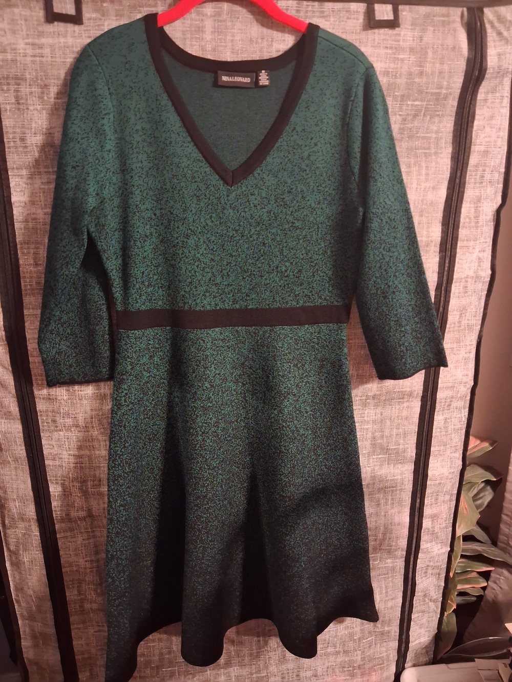 Nina Leonard Green Sweater Dress with Black Trim, Medium